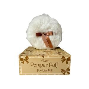 Vintage 80s Avon Pamper-Puff Powder Mitt - Retro White Faux Fur Vanity Set